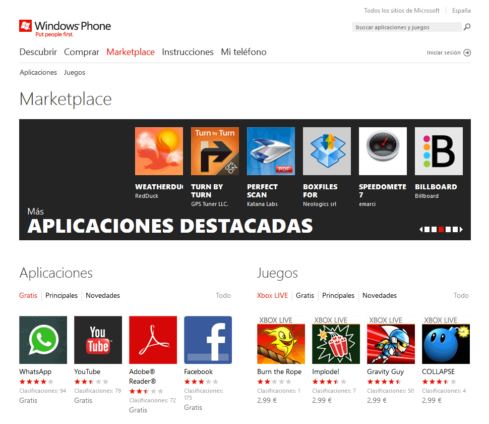 Windows Phone Marketplace versión web